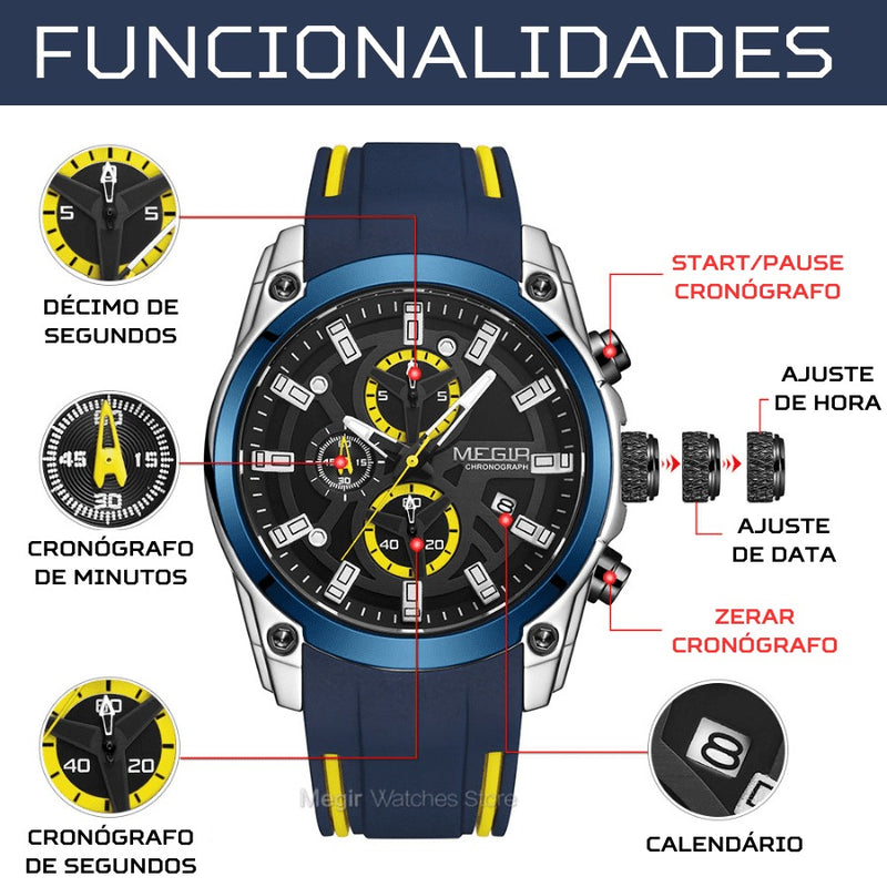 Relógio Masculino MEGIR SPORT ADVANCE - Cronógrafo, Efeito Luminoso, Resistência à Àgua