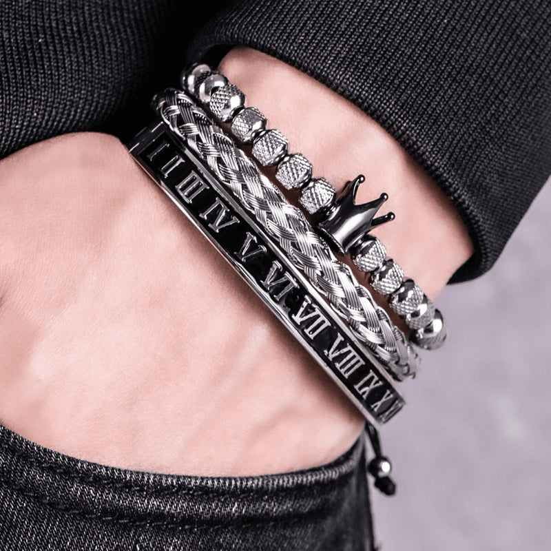 Kit 3 Pulseiras Masculinas em Aço Inoxidável Banhada a Ouro e Prata com Coroa THE KING