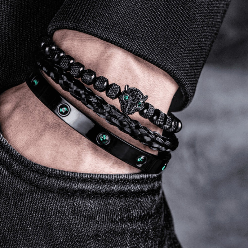 Kit 3 Pulseiras em Aço Inoxídável Banhado e Cravejada Com Cristal de Zircônia Pantera ROYAL