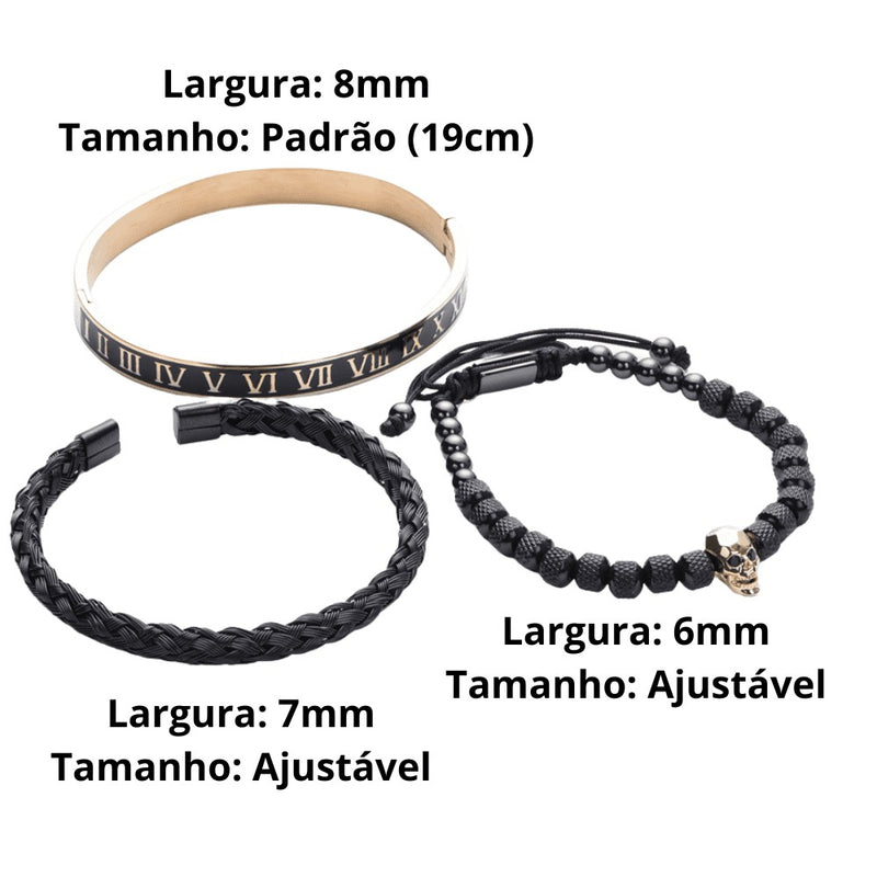 Kit 3 Pulseiras Banhada em Ouro e Prata Caveira OLD SKULL