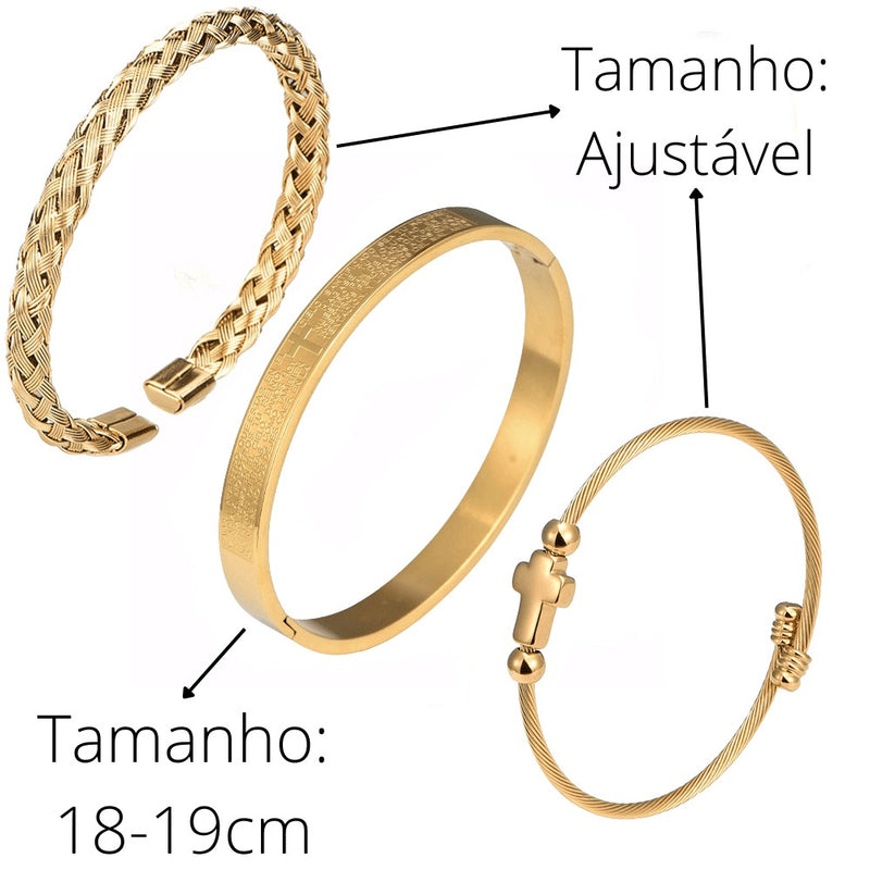 Conjunto 3 Pulseiras em Aço Inoxidável Banhada em Ouro e Prata Crucifixo PAI NOSSO