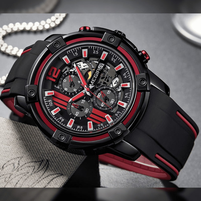 Relógio Masculino Multifuncional Cronógrafo com Pulseira em Silicone MEGIR CRONOGRAPH SPORT