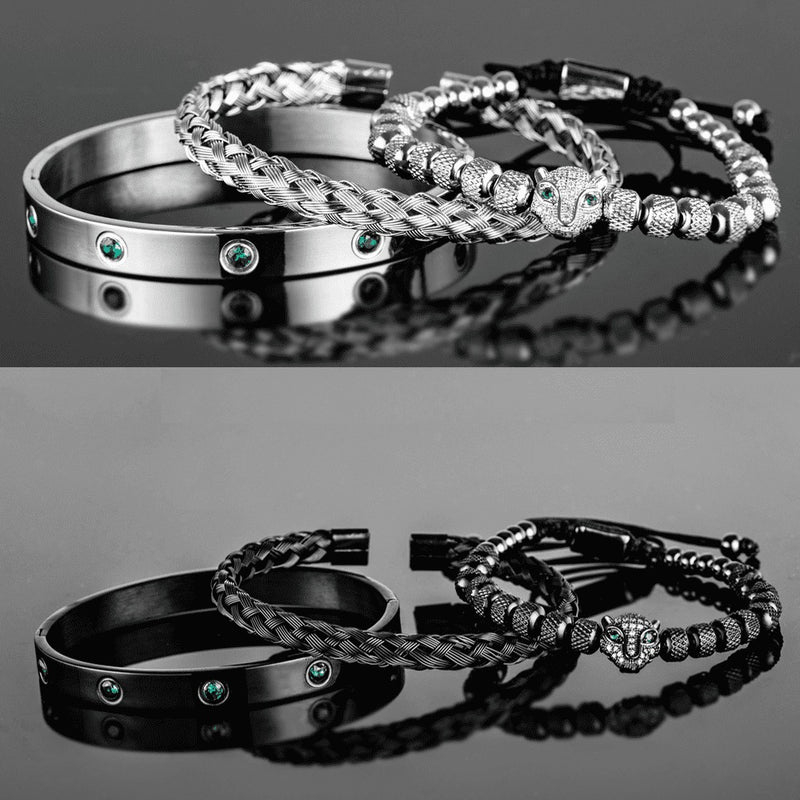 Kit 3 Pulseiras em Aço Inoxídável Banhado e Cravejada Com Cristal de Zircônia Pantera ROYAL