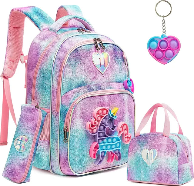 Kit 4 em 1 Escolar Infantil Mochila, Estojo e Lancheira + Chaveiro com Pop It