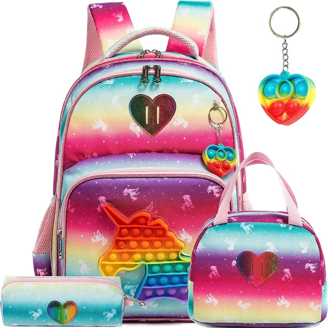 Kit 4 em 1 Escolar Infantil Mochila, Estojo e Lancheira + Chaveiro com Pop It