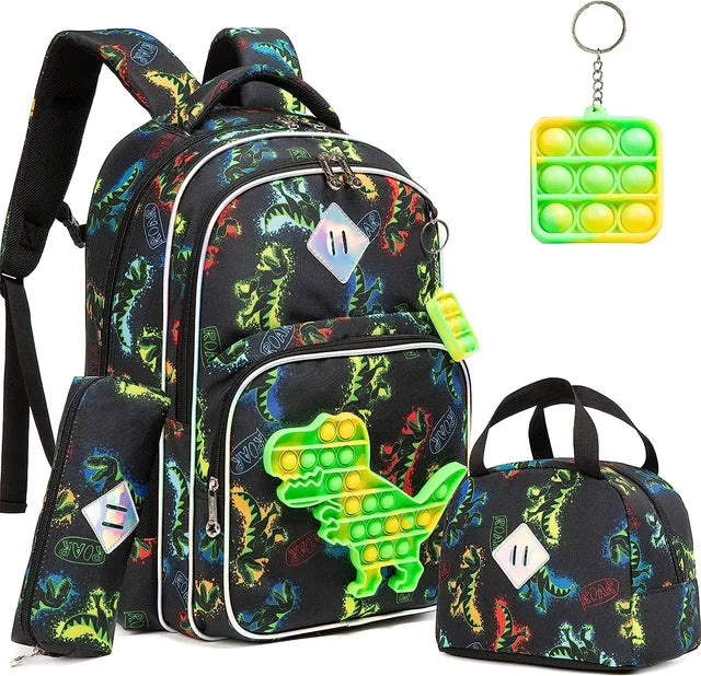 Kit 4 em 1 Escolar Infantil Mochila, Estojo e Lancheira + Chaveiro com Pop It