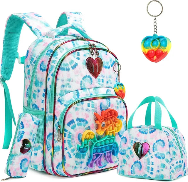 Kit 4 em 1 Escolar Infantil Mochila, Estojo e Lancheira + Chaveiro com Pop It