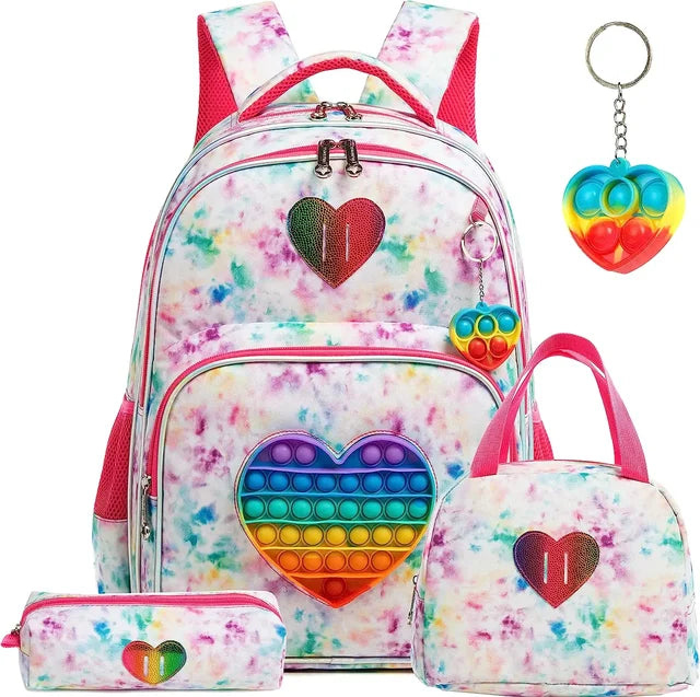 Kit 4 em 1 Escolar Infantil Mochila, Estojo e Lancheira + Chaveiro com Pop It