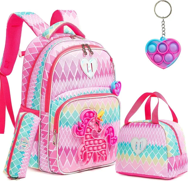 Kit 4 em 1 Escolar Infantil Mochila, Estojo e Lancheira + Chaveiro com Pop It