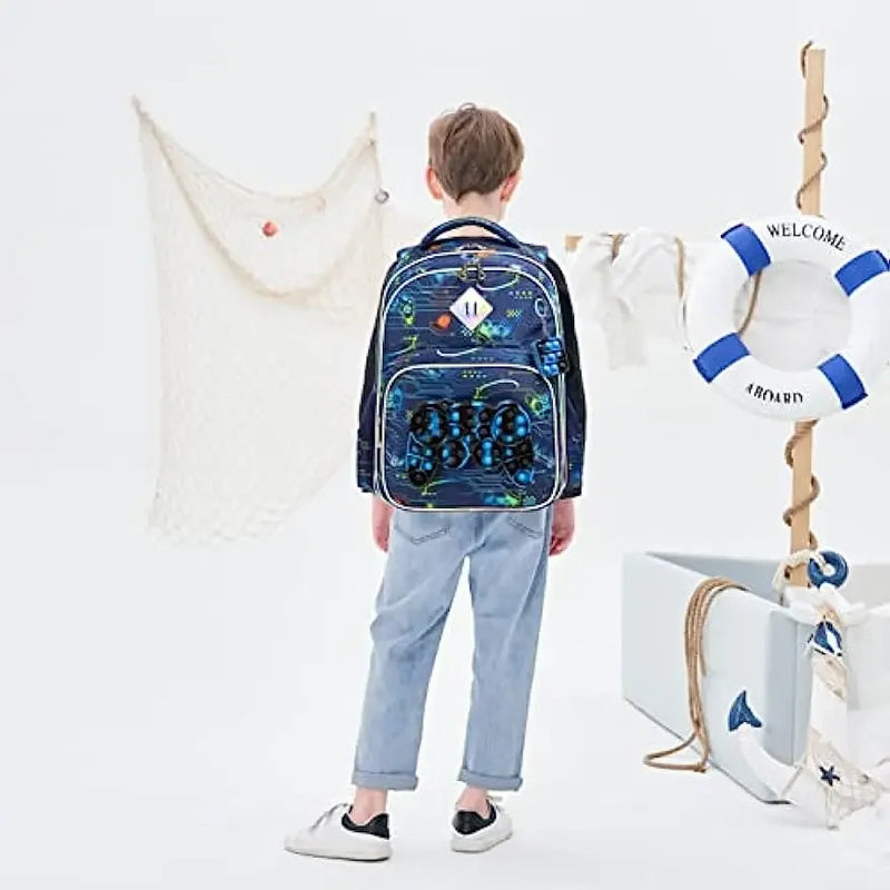 Kit 4 em 1 Escolar Infantil Mochila, Estojo e Lancheira + Chaveiro com Pop It