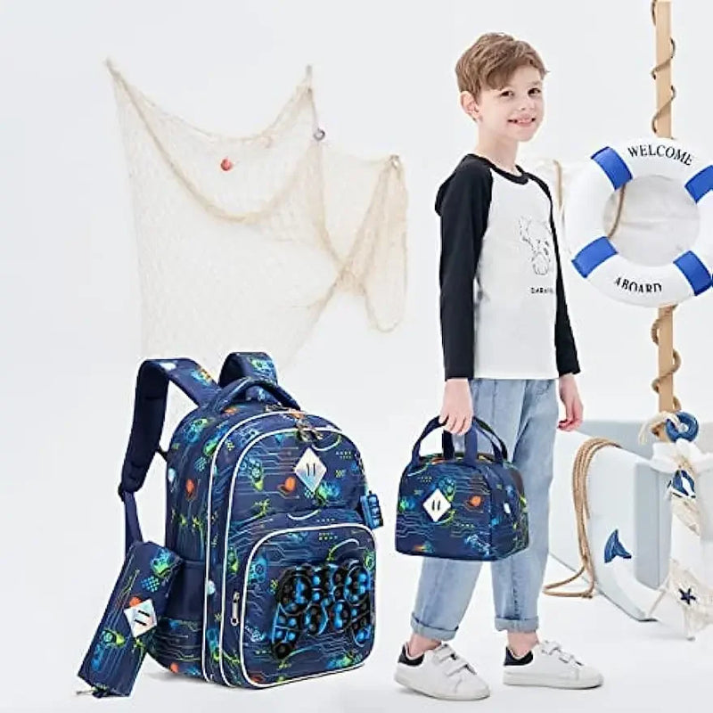 Kit 4 em 1 Escolar Infantil Mochila, Estojo e Lancheira + Chaveiro com Pop It
