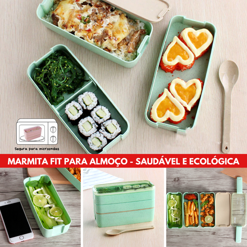 Marmita Fit com 3 Camadas e Garfo + Colher que Funciona como Hashi Lunch Box