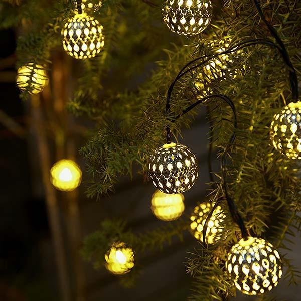 Fio com 20 Bolas de Metal LED com 8 Modos de Iluminação à Energia Solar
