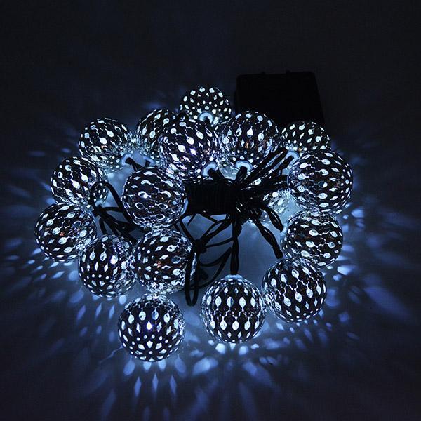 Fio com 20 Bolas de Metal LED com 8 Modos de Iluminação à Energia Solar
