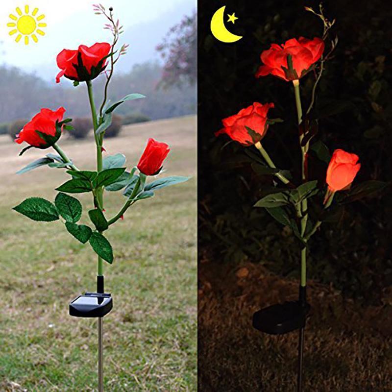 Galho com 3 Rosas Iluminadas com LED Solar à Prova D'àgua