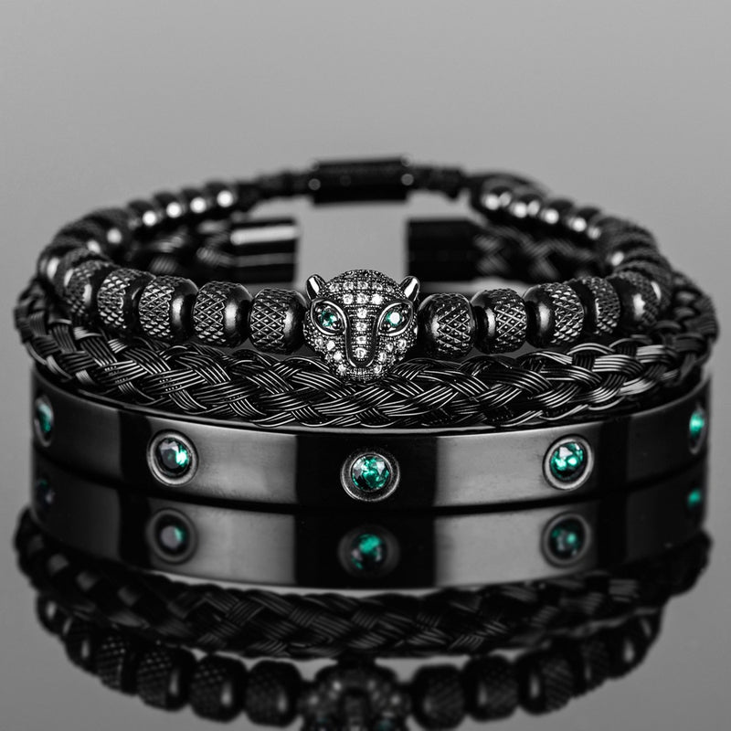 Kit 3 Pulseiras em Aço Inoxídável Banhado e Cravejada Com Cristal de Zircônia Pantera ROYAL